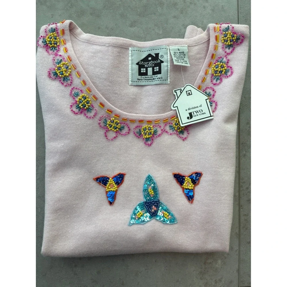 Storybook Knits Pink Beaded Sequins Floral Sleeveless Cottagecore Top NWT Size L - Picture 9 of 9